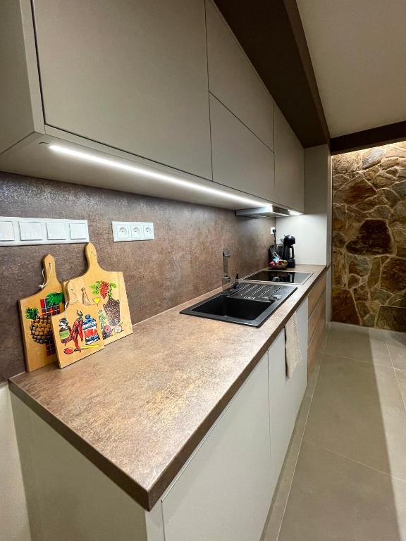 A kitchen or kitchenette at MARMOT Mountain Apartment so saunou a hydromasážnou vaňou