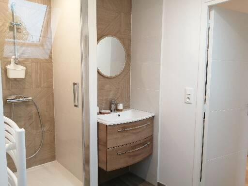 y baño con lavabo, ducha y espejo. en Appartement Zen au Cœur du Cotentin, en Valognes