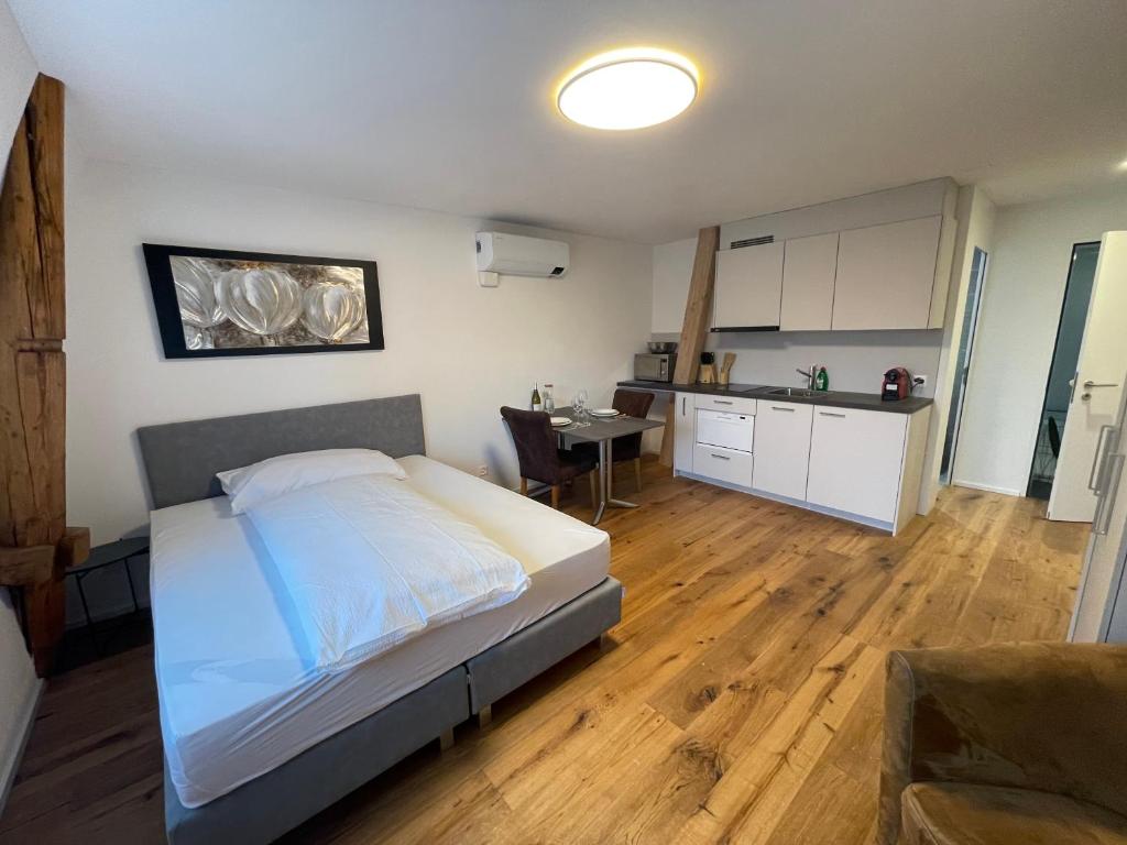 a large bedroom with a bed and a kitchen at SCHNYDER'S HOME Studio_2 in Rapperswil-Jona