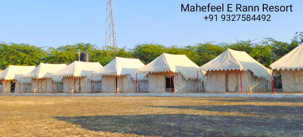 a row of white tents in a field at Mahefeel e Rann Resort in Bherandiāla