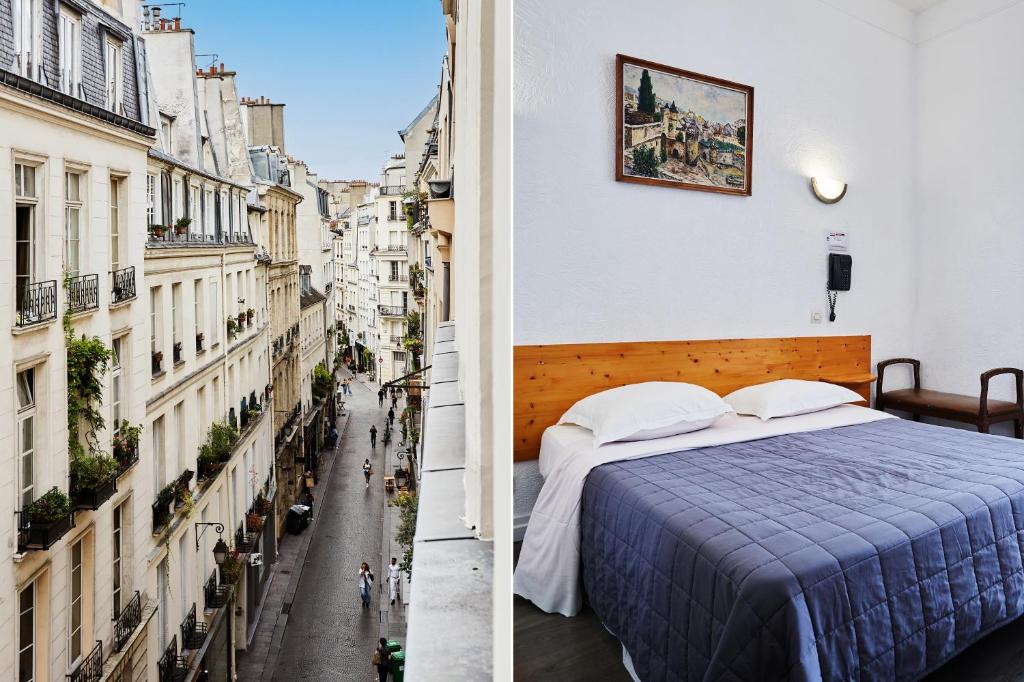a hotel room with a bed and a city street at Hôtel Tiquetonne in Paris