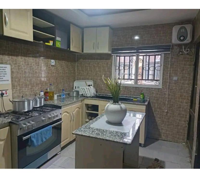 a kitchen with a vase sitting on a counter at 3 Bedrooms house for Short let Holiday Apartments in Ibadan