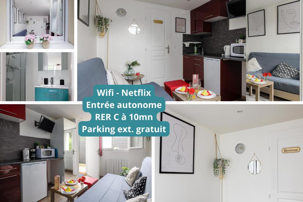 eine Küche und ein Wohnzimmer mit Netflix Elite-Geräten Reverb und ein Zimmer in der Unterkunft Paris 15 min VILLA ORNELLA in Savigny-sur-Orge