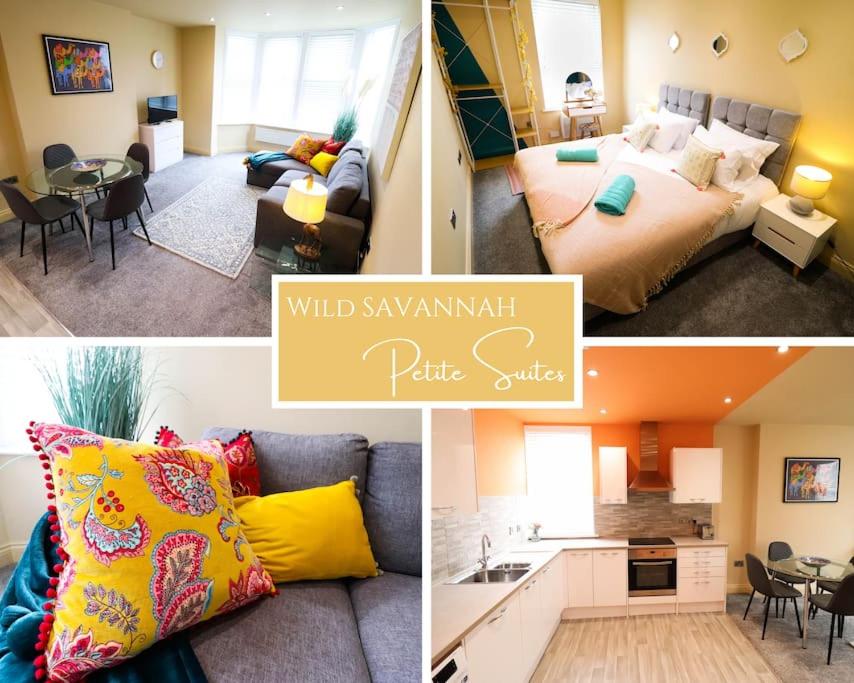 a collage of pictures of a living room and a bedroom at Wild Savannah 1 Bedroom flat Petite Suites in Peterborough