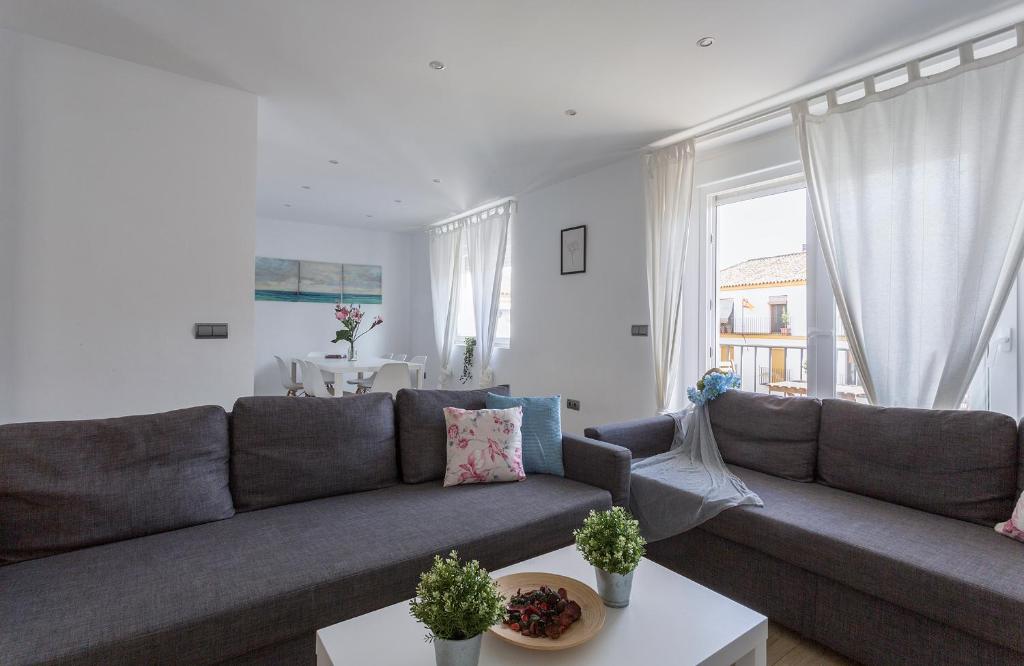 salon z szarą kanapą i stołem w obiekcie Luxe Vista Histórico 5 rooms 4 baños w mieście Jerez de la Frontera