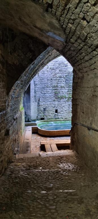 uma arcada num edifício de tijolos com piscina em L'écrin des petits bonheurs em Dole