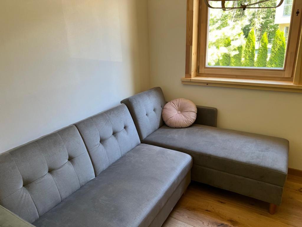 a couch in a living room with a window at Rugio namai-Rye house in Palanga