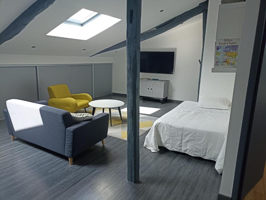 um quarto com uma cama e uma cadeira e uma televisão em Le Coustalou em Livinhac-le-Haut