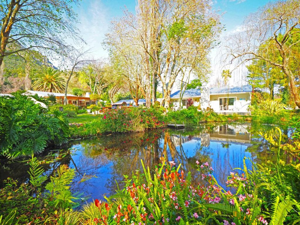 a pond in a garden with flowers and trees at Waterland Lodge in Hout Bay