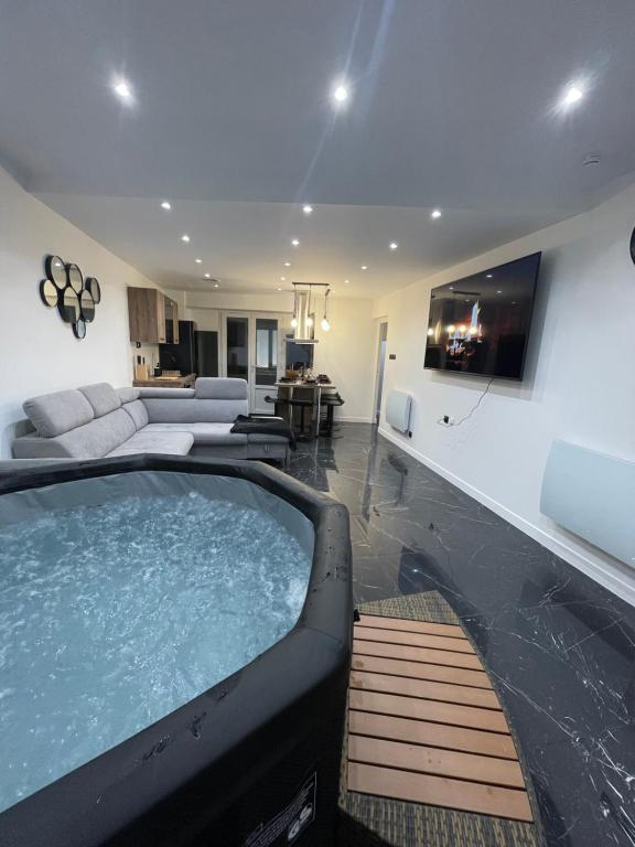 sala de estar con bañera de hidromasaje en el centro en Appartement hors du commun avec son jacuzzi, en Salies-de-Béarn