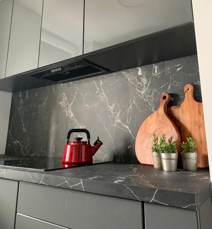a red tea kettle on a counter in a kitchen at Metro Trocka Apartment in Warsaw