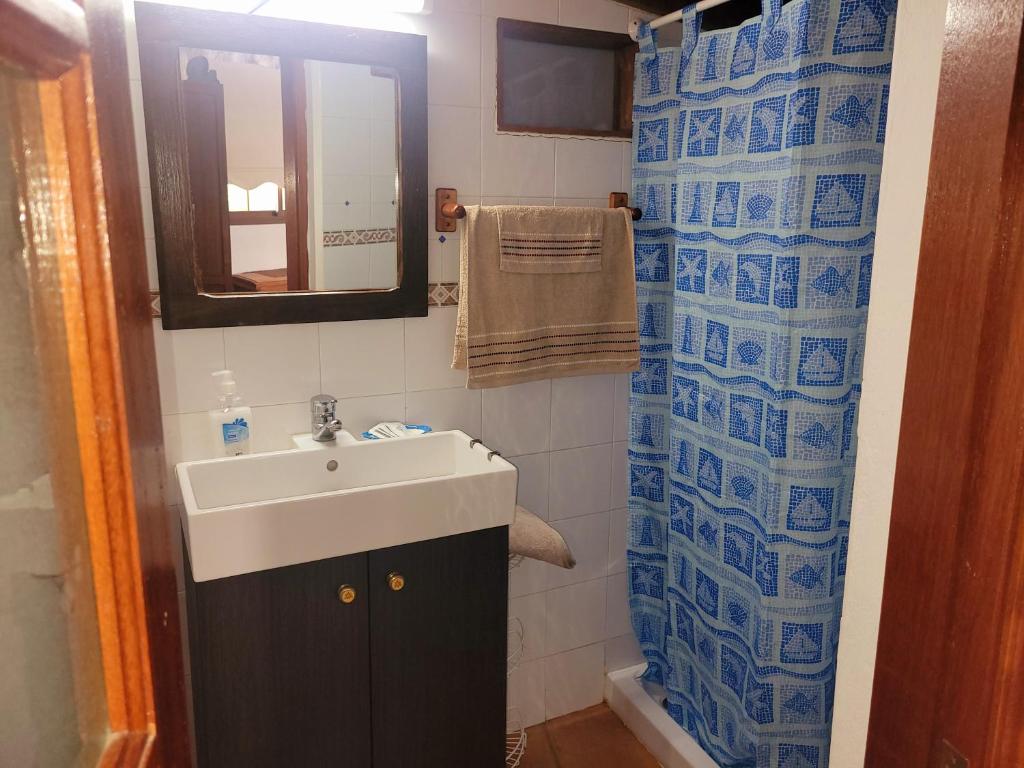 La salle de bains est pourvue d'un lavabo, d'un miroir et d'une douche. dans l'établissement Alojamientos Nicasio, à Tejeda