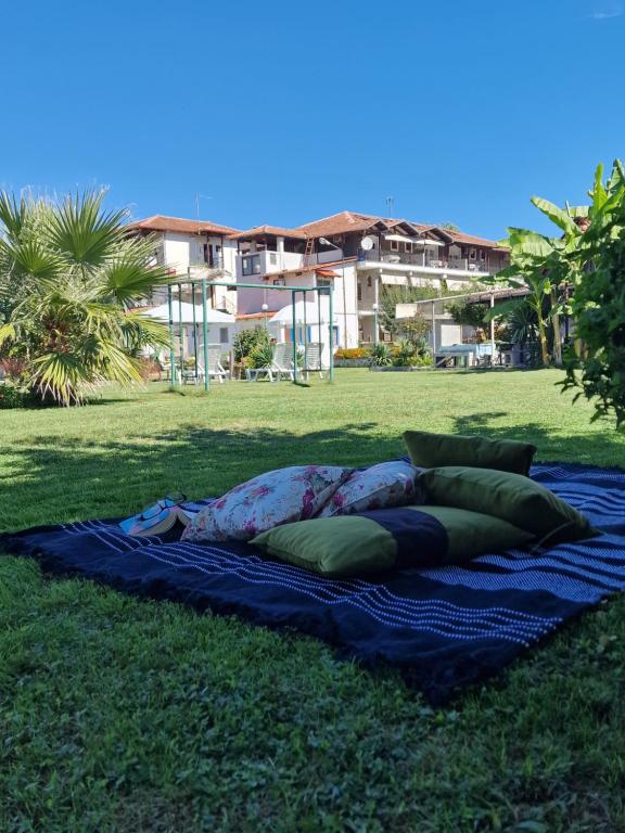 a blanket on the grass with pillows on it at Villa Dimitris in Paralia Panteleimonos