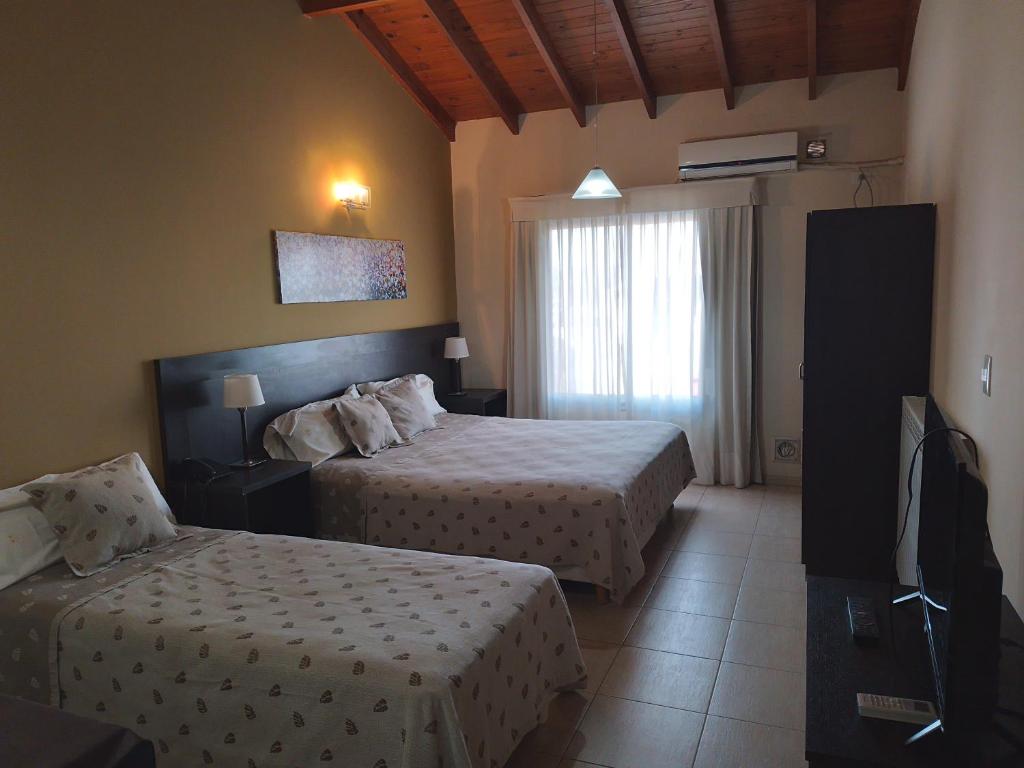 a hotel room with two beds and a window at ALBERTI APARTAMENTS in Campana