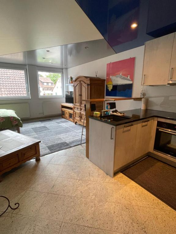 a large room with a kitchen and a living room at 1 Zimmer Ferienwohnung 30 qm in Steinen
