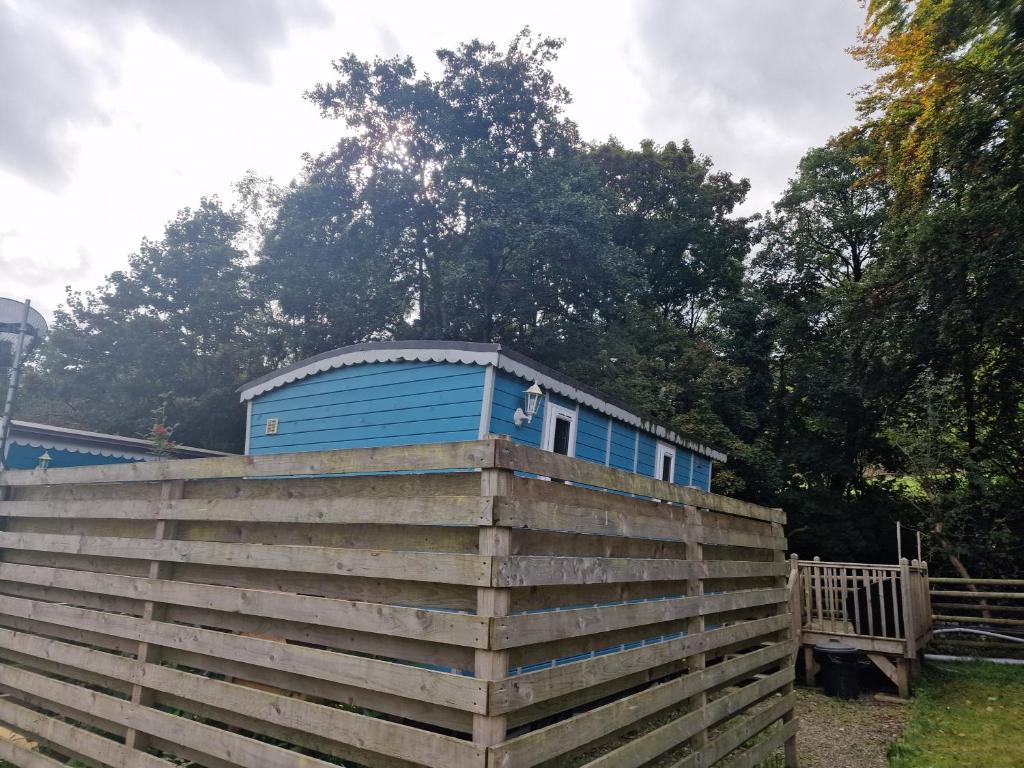 ein blauer Schuppen hinter einem Holzzaun in der Unterkunft Glamping Hut - Riverside 2 in Welshpool