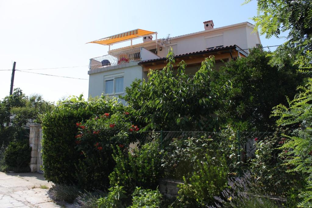 a house behind some bushes and a fence at Apartment Bozava 8100a in Božava