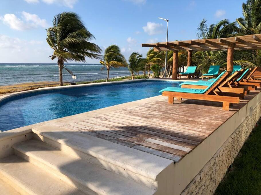 - une piscine avec des chaises longues et l'océan dans l'établissement Casa Diany, à Mahahual