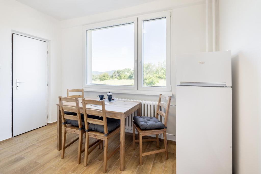 a kitchen with a table and chairs and a refrigerator at Apartman JakoDoma vlastní parkování u domu ZDARMA in Česká Lípa