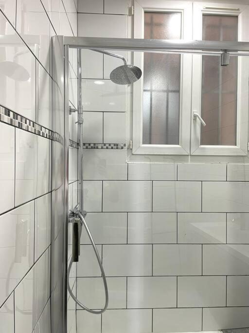 La salle de bains est pourvue d'une douche avec une porte en verre. dans l'établissement Le triomphe logement central, 8 pax 3 chambres, à Marseille