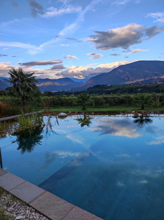 a pool of blue water with mountains in the background at Oberberghof in Appiano sulla Strada del Vino