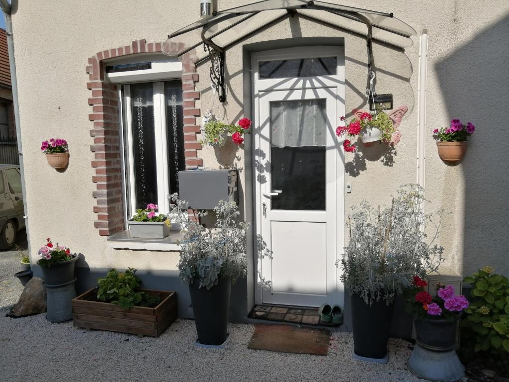een huis met potplanten en een witte deur bij Maison cocoon et chaleureuse 