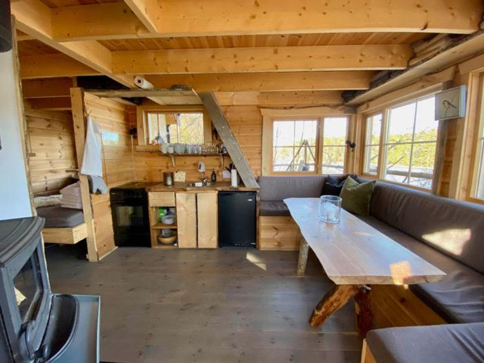 a living room with a couch and a table in a cabin at Tretopphytter På Grensen - Beverhytta med robåt og gjeddefiske in Halden