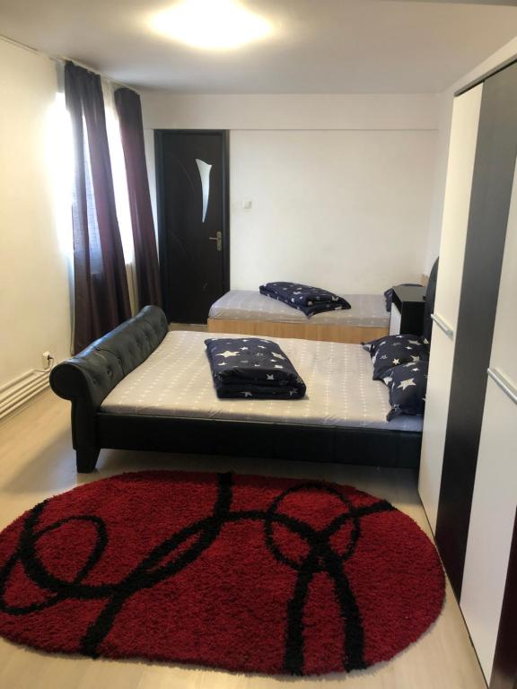 - 2 lits dans une chambre avec un tapis rouge dans l'établissement Hostel Mialma, à Onești