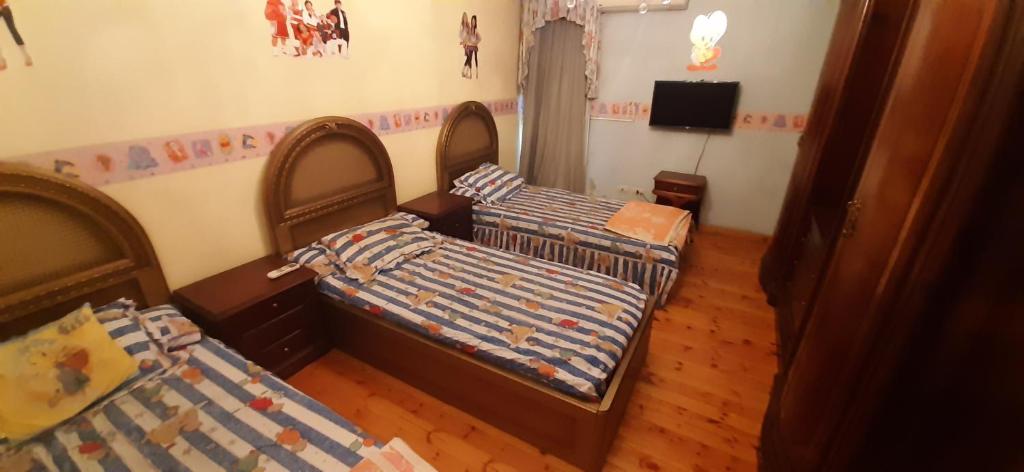 a bedroom with two beds and a tv in it at الاسكندريه - سموحه in Alexandria
