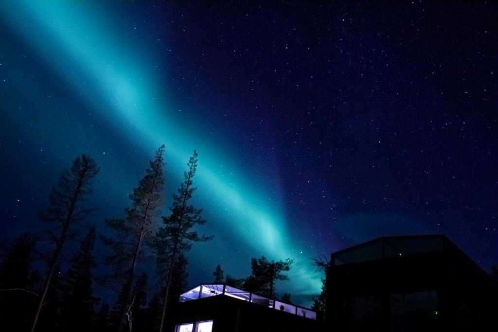 une image des lumières du nord dans le ciel dans l'établissement Levi Secret Igloo Revontuli, à Sirkka