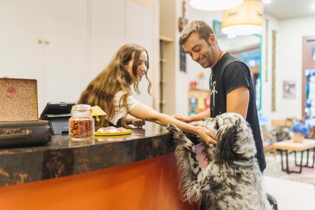 un hombre y una mujer y un perro en un mostrador en Hotel San Miguel, en Gijón