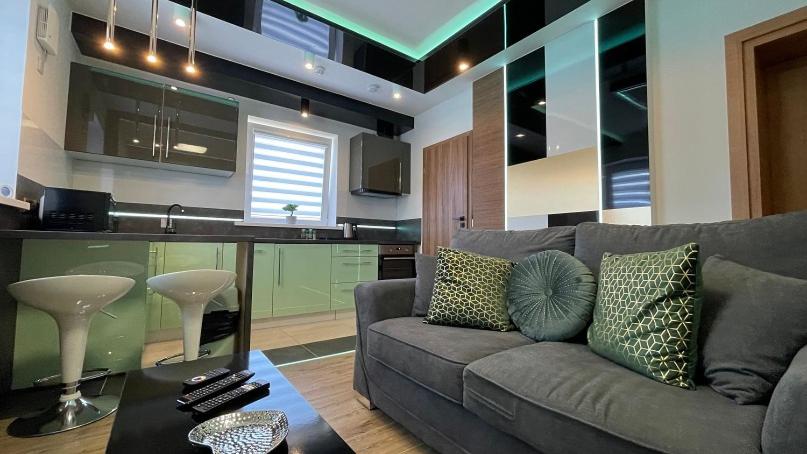 アスローンにある#4 TGHA Luxury One Bedroom Apartment in Athloneのリビングルーム(グレーのソファ付)、キッチンが備わります。