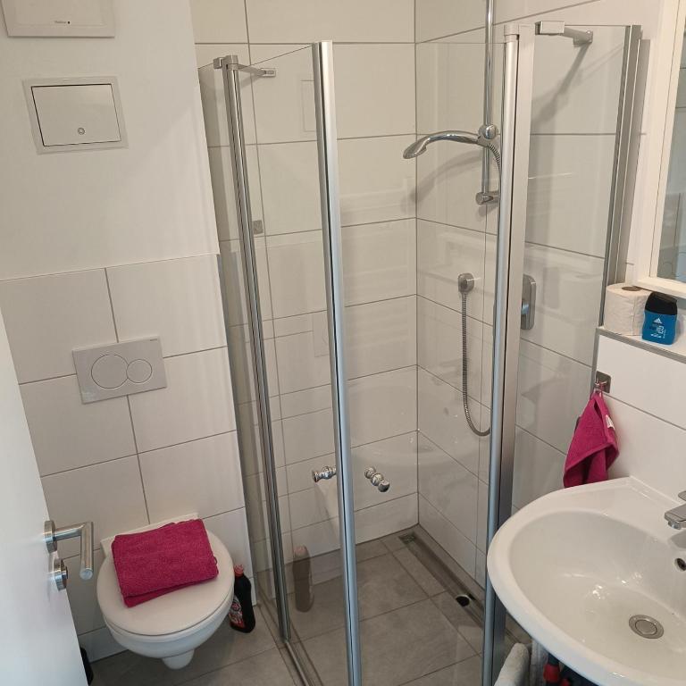 Koupelna v ubytování Apartments & möblierte Zimmer in Kahl am Main, kontaktloser Self Check-in, W-Lan, Schreibtisch, Duschbad, Küchenzeile, PKW-Plätze