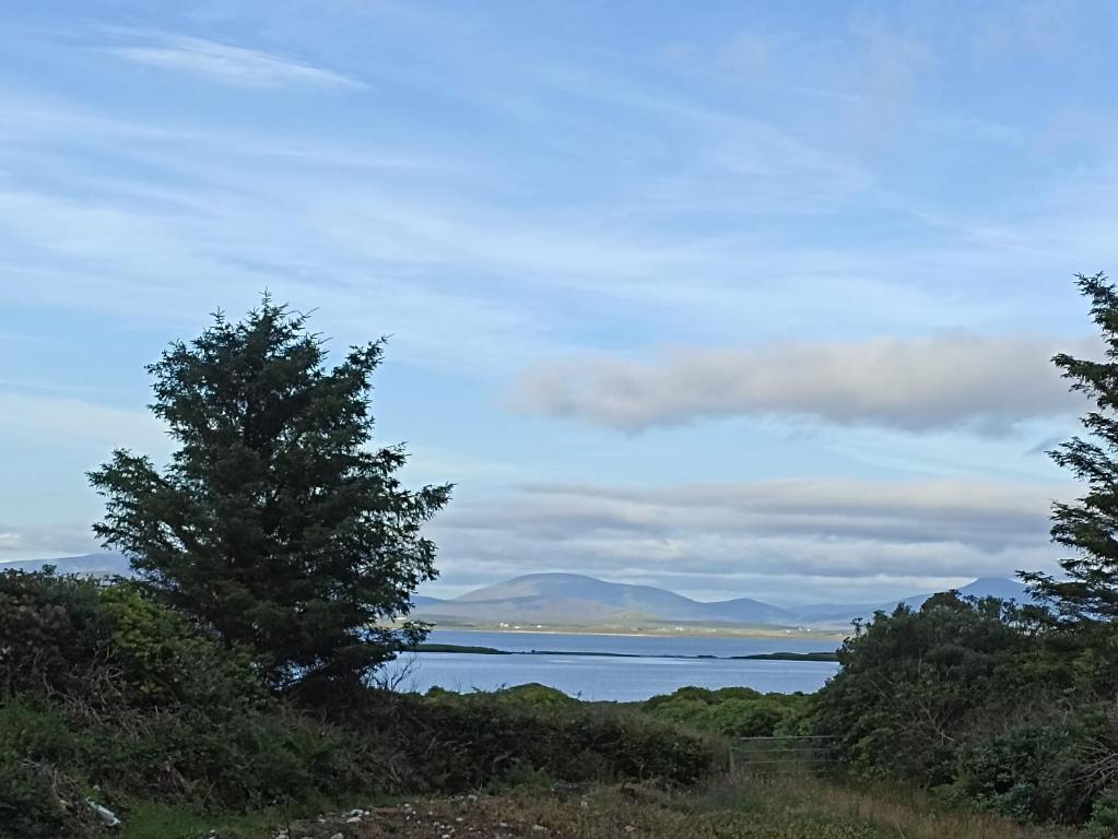 a view of a lake from a hill with trees at Foreen Lodge, Achill Island in Achill