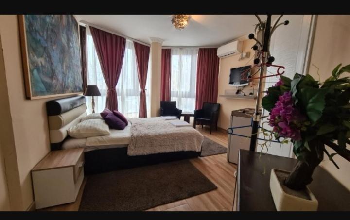 een slaapkamer met een bed in een kamer met ramen bij Visoki Stevan Apartments in Belgrado