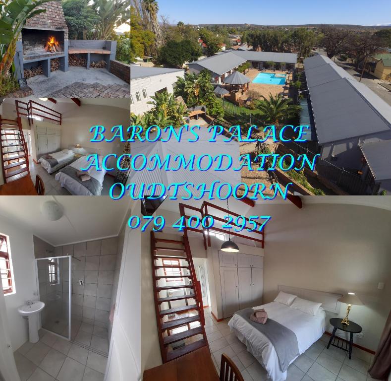 a collage of photos of a room with a bedroom and a pool at Baron's Palace in Oudtshoorn