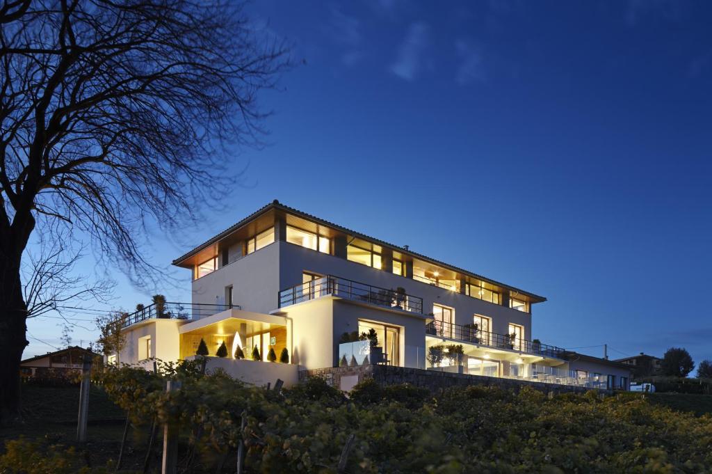 a large white house on a hill at night at Hotel San Prudentzio in Getaria