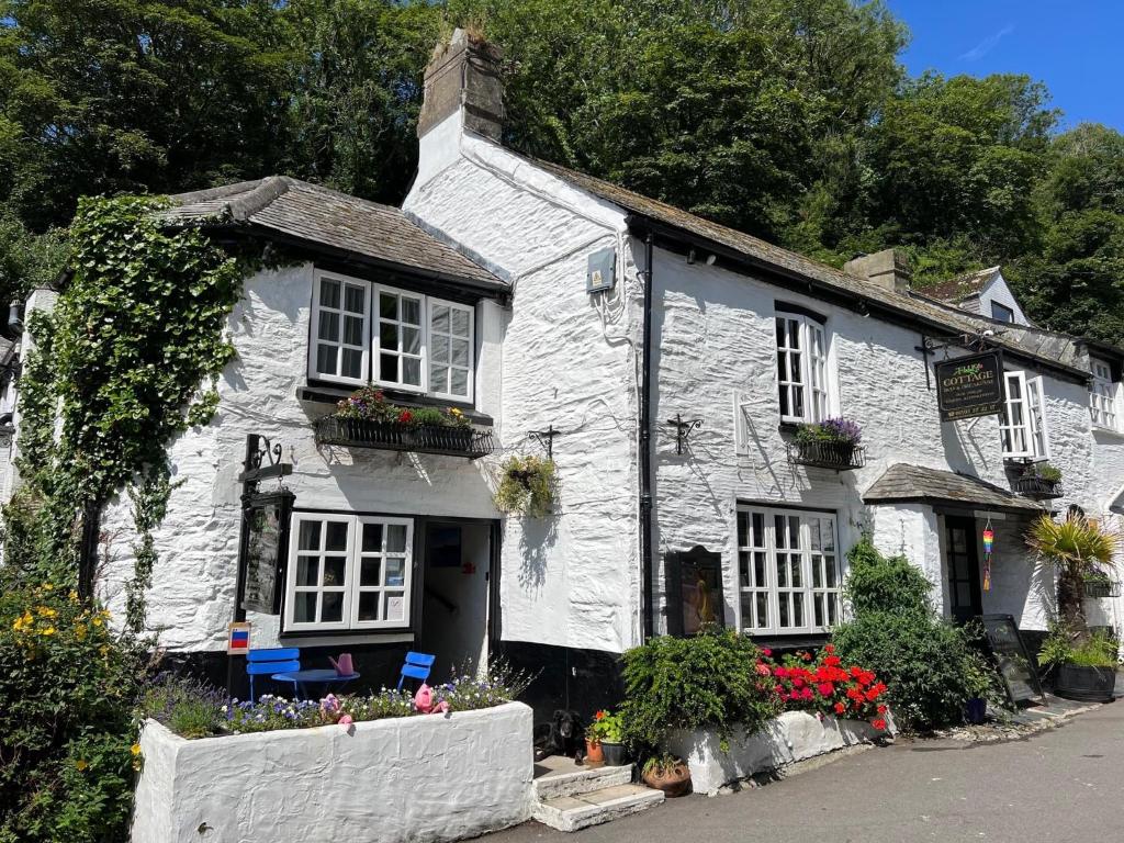 una casa blanca con flores delante en The Cottage Bed & Breakfast en Polperro