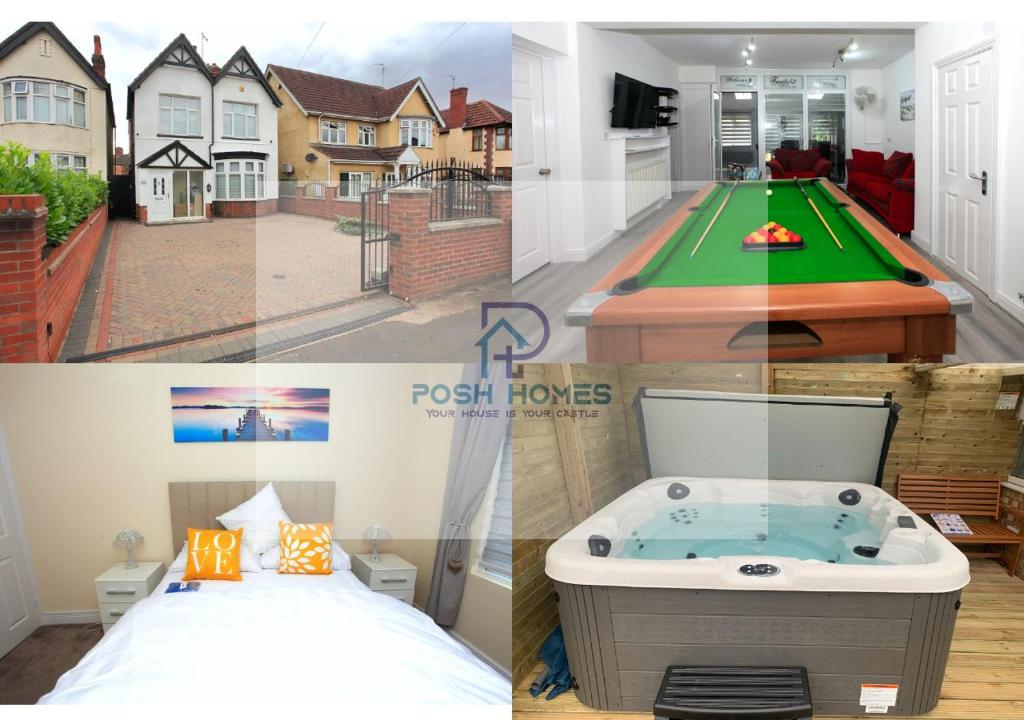 a collage of four pictures of a pool house at Luxury Hot Tub - Entertainment Room - Near Central Park! in Peterborough