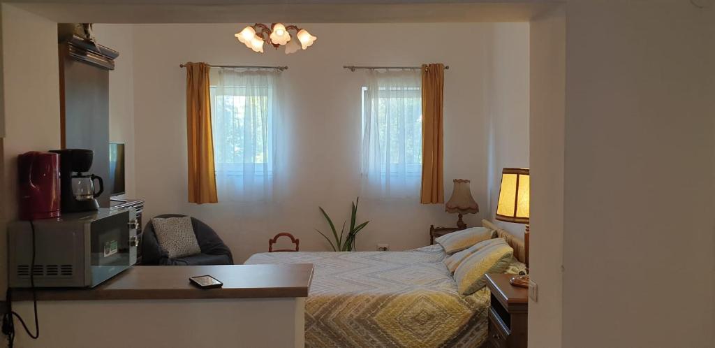 a bedroom with a bed and a desk with a television at Cozy Home in the Heart of Cluj-Napoca in Cluj-Napoca