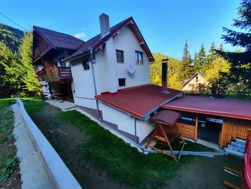 una vista aérea de una casa con techo rojo en Cabana Denisa, en Rîu de Mori