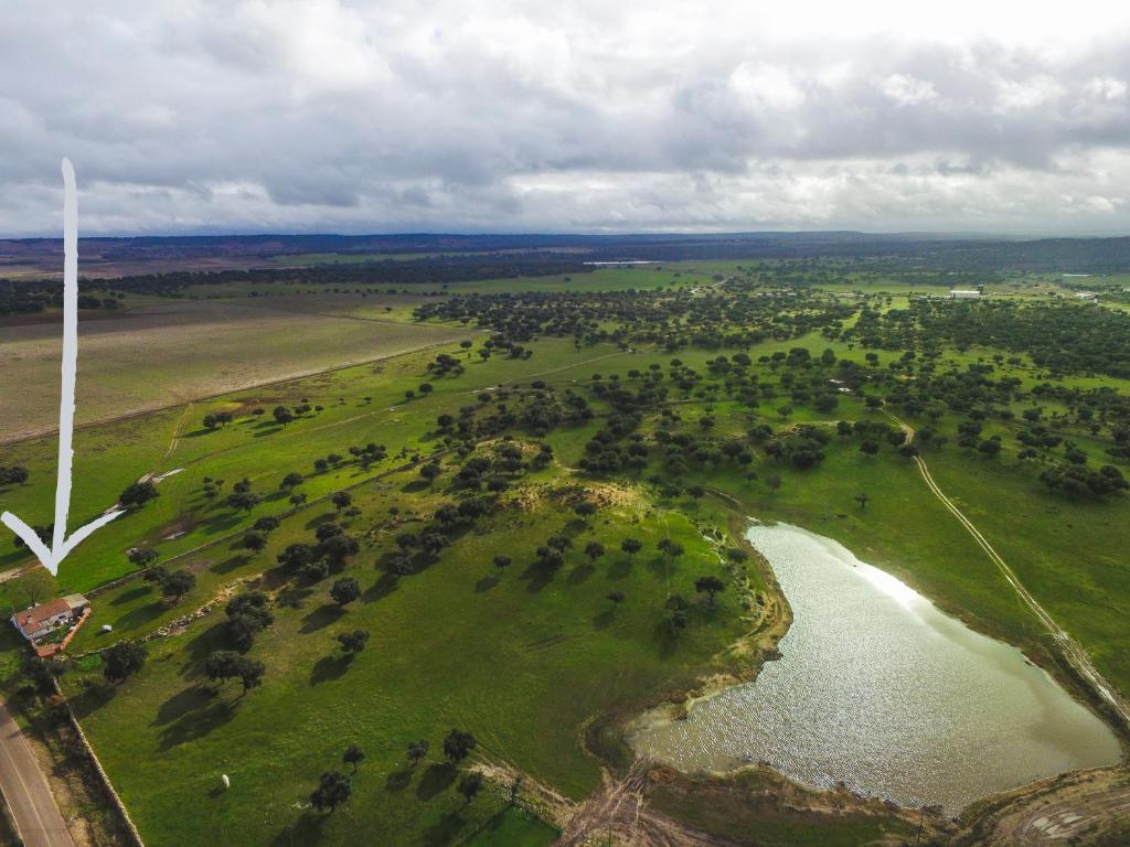 una vista aérea de un campo verde con un molino de viento en Dehesa de Montealto, en Cabañas de Sayago