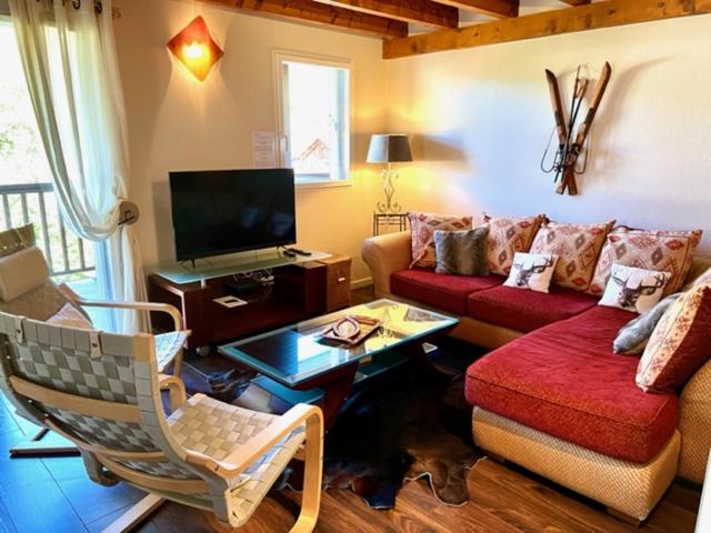 a living room with a couch and a table at Appartement style chalet à Saint Lary Soulan. in Saint-Lary-Soulan