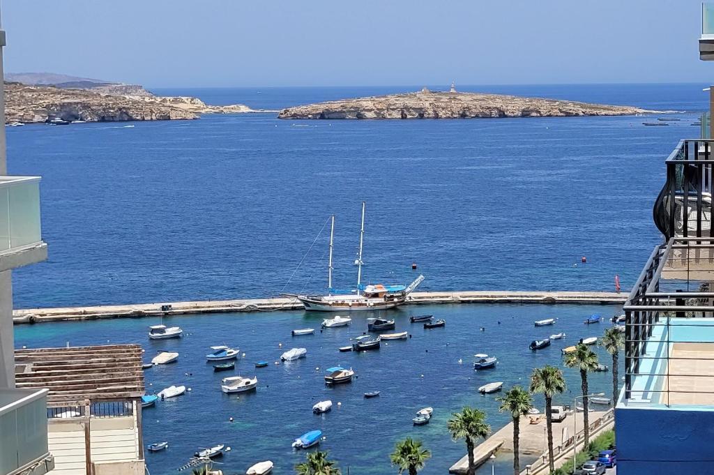 a group of boats in a harbor in the water at Lovely Apartment with Side Sea View in St Paul's Bay
