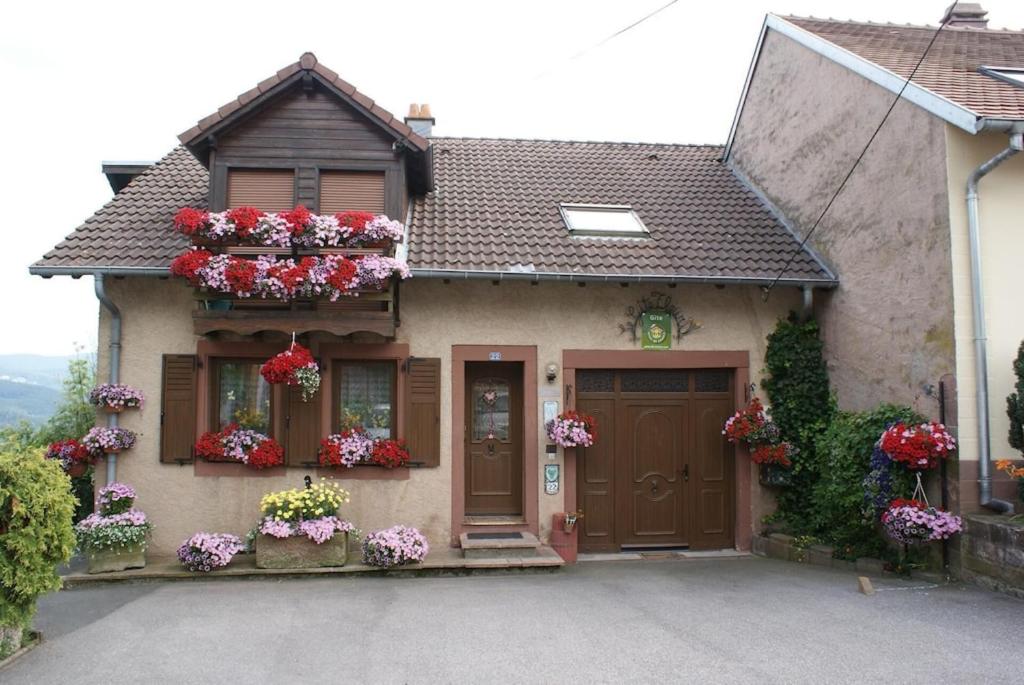 a house with a bunch of flowers on the windows at Maison charmante avec jardin à Haselbourg - Vue sur montagnes in Hazelbourg