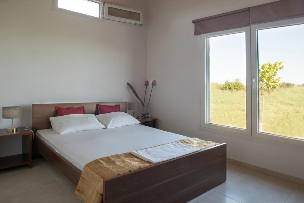 a bedroom with a large bed and two windows at IRIS HOME 4 in Paralia Katerinis