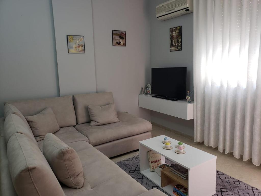 a living room with a couch and a tv at Zeko Apartment in Golem