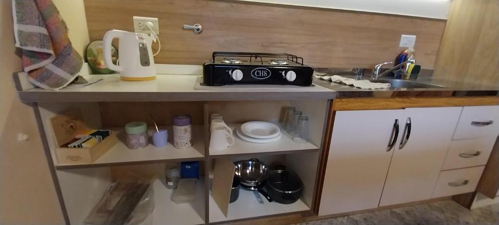 a small kitchen with a counter with a sink at Dpto Aguilar House Hostel in El Calafate