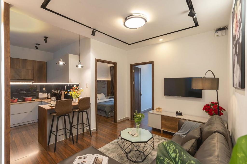 Kuchyň nebo kuchyňský kout v ubytování MCK Homestay Da Lat-Can Ho 302