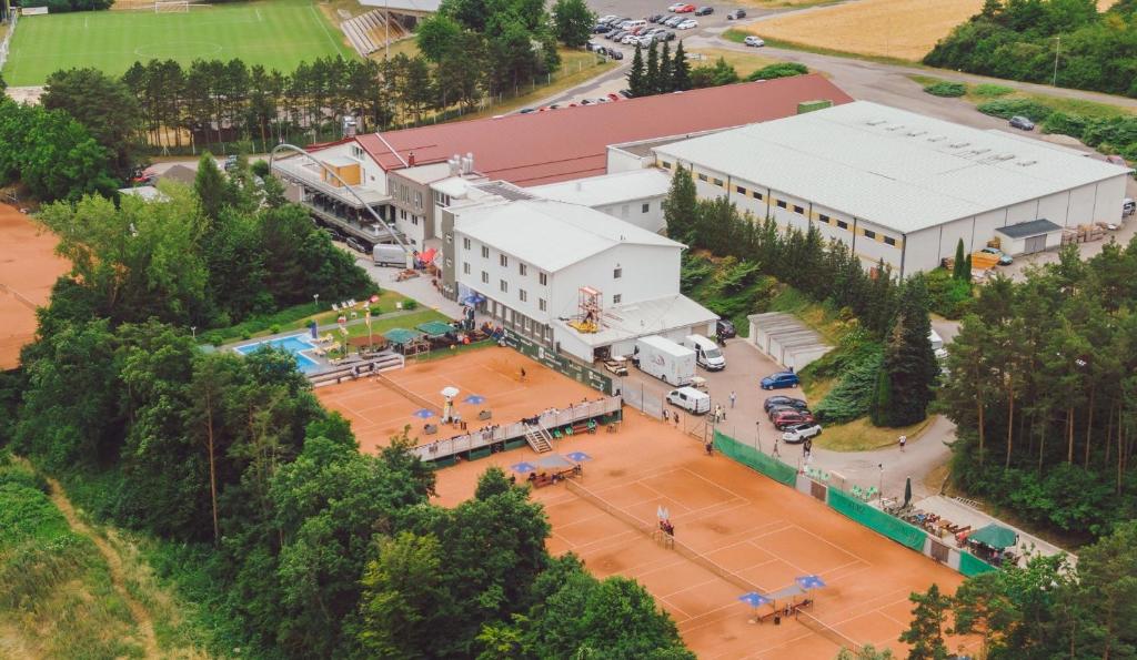 an overhead view of a building with a basketball court at Sporthotel Kurz in Oberpullendorf